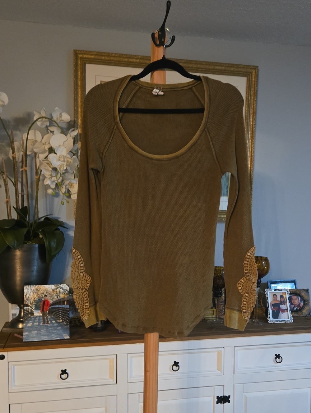 Free People Olive Green Long Sleeve Scoop Neck Top with Crochet Elbow Detail